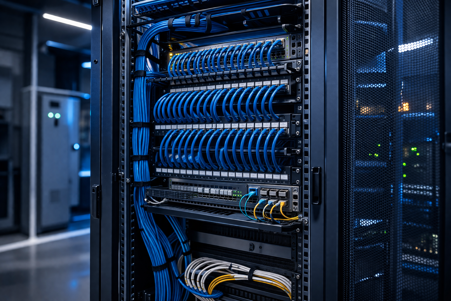 Infraestrutura de telecomunicações e rede com cablagem organizada